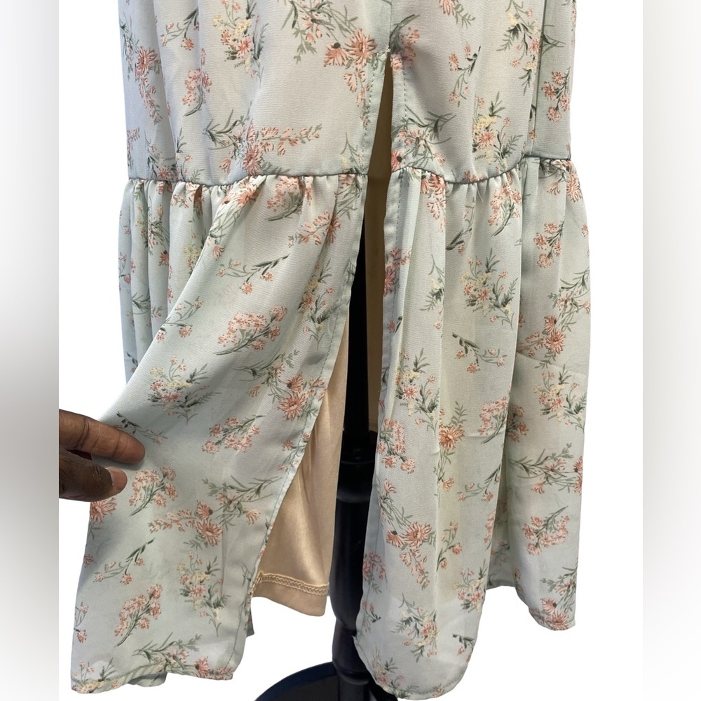 Dex NWT Ruffle Floral Midi Dress Tie Back Green Pink Size S Flowy - Picture 12 of 15